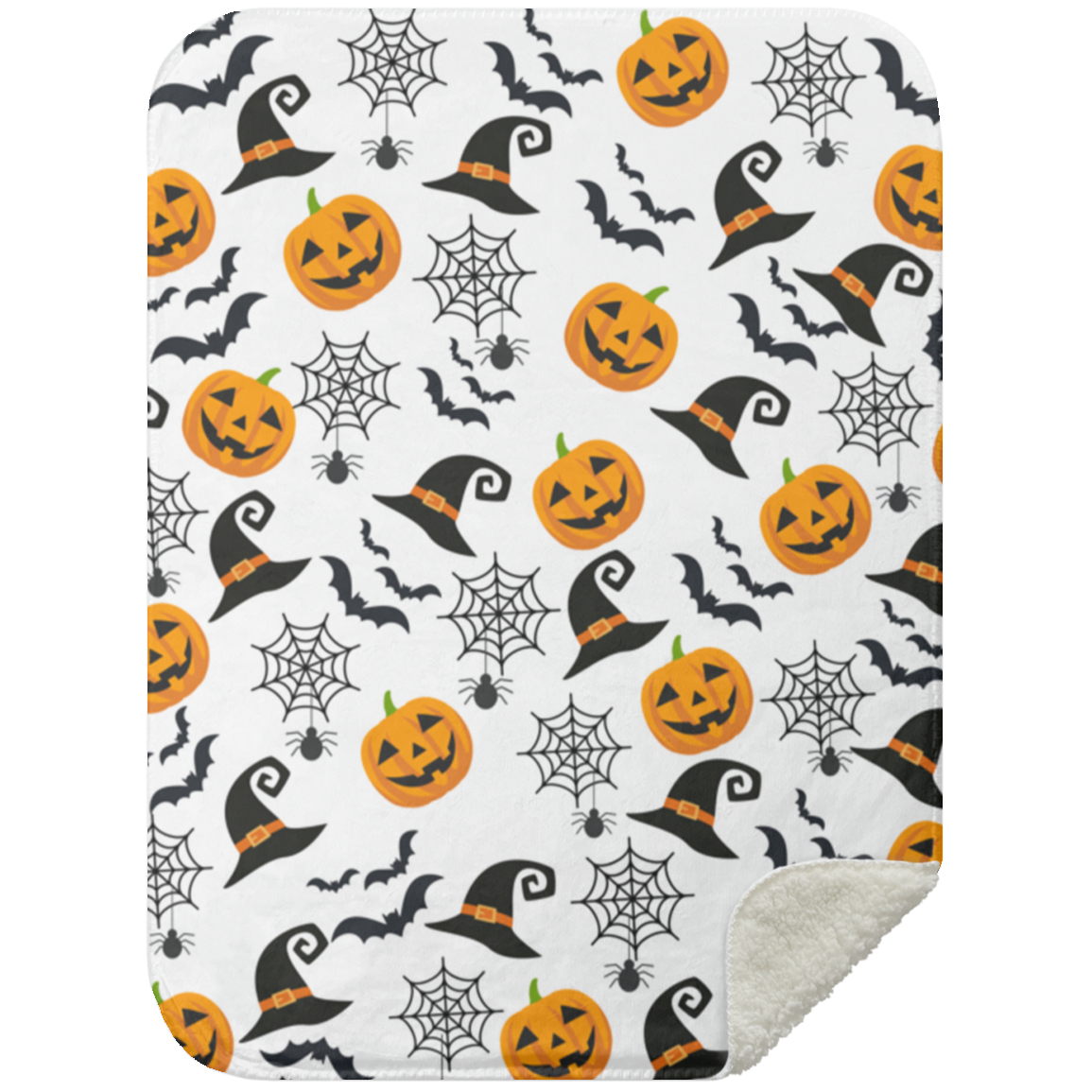 Haunted Halloween Throw Blanket: Spider Webs Witch's Hat Black Bats and Pumpkin Designs