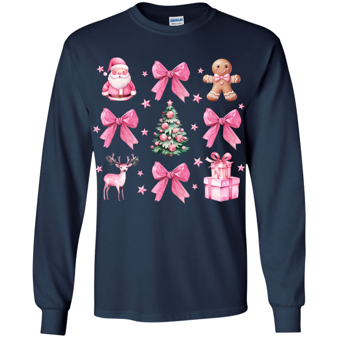 Coquette Christmas LS T-Shirt| Pretty Pink Bows, Santas and Gingerbread LS T-Shirt Youth