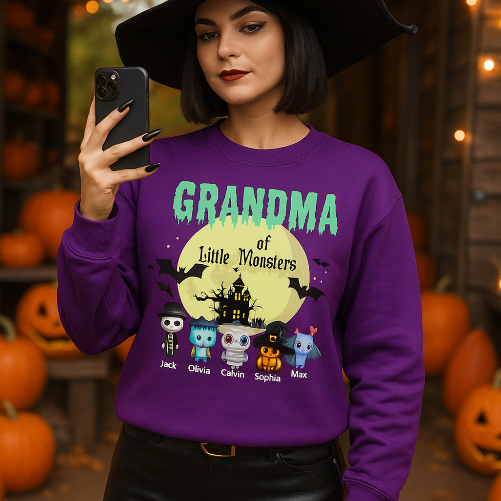 Custom Halloween Grandmas Little Monster Sweatshirt, Personalized with Kids' Names