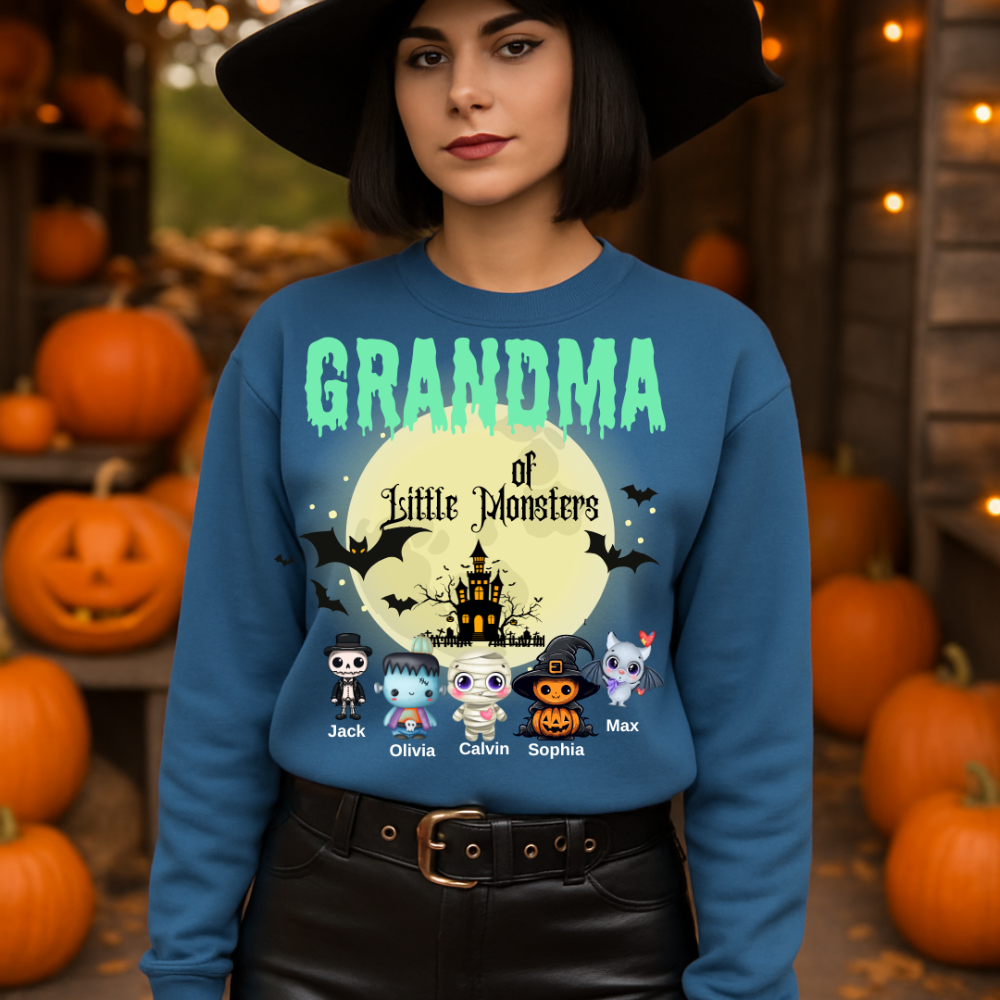 Custom Halloween Grandmas Little Monster Sweatshirt, Personalized with Kids' Names