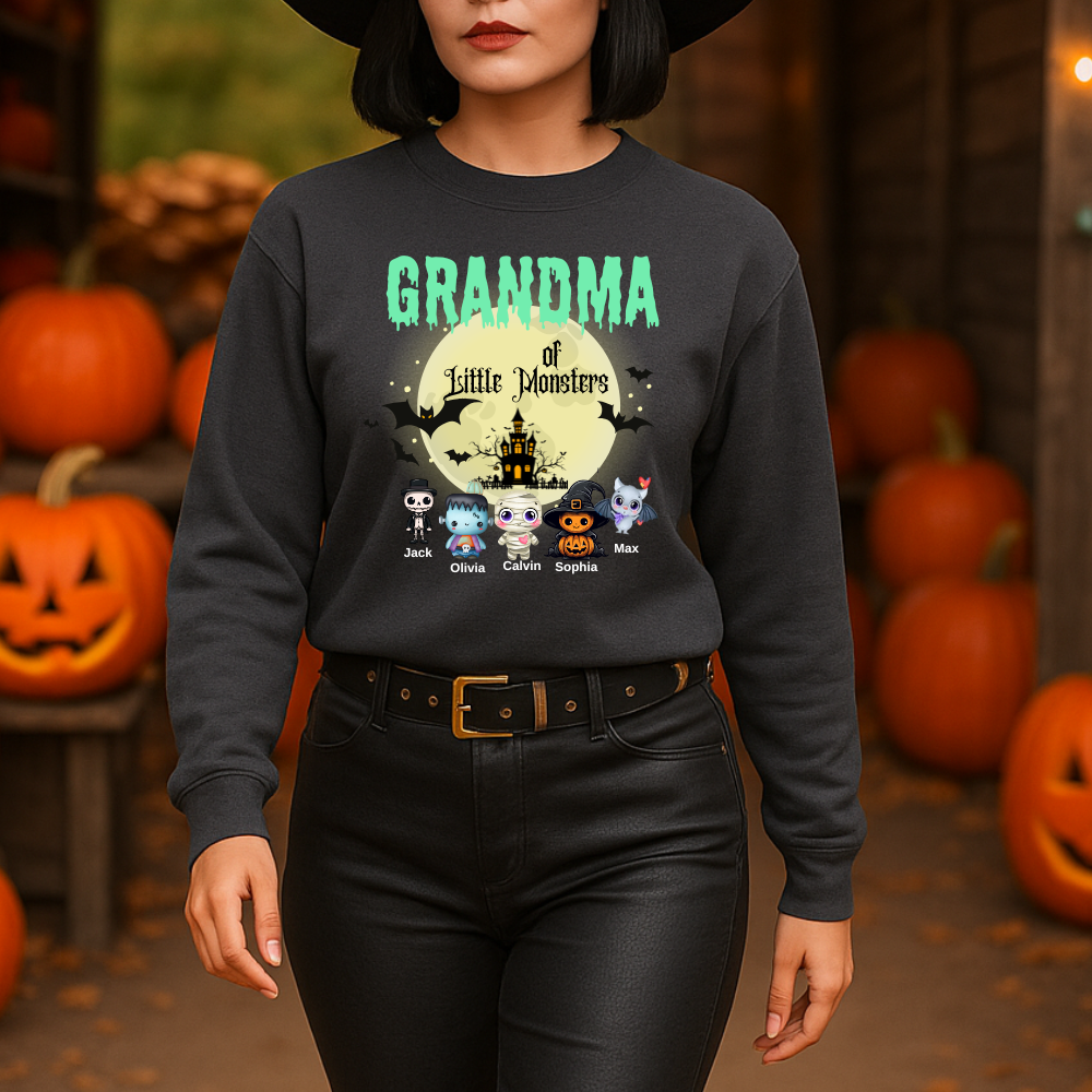 Custom Halloween Grandmas Little Monster Sweatshirt, Personalized with Kids' Names