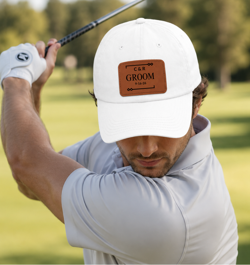 Personalized Dad Hat, Custom Faux Leather Patch Hat, Gift for Groom, Wedding Day Accessory, Unique Headwear for Men, Custom Date