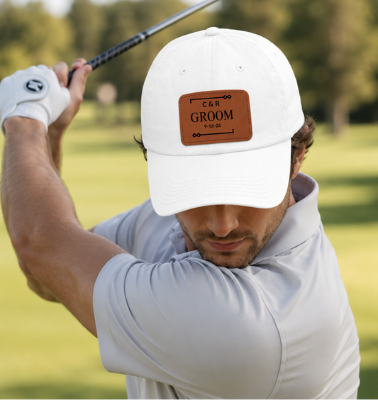 Personalized Dad Hat, Custom Faux Leather Patch Hat, Gift for Groom, Wedding Day Accessory, Unique Headwear for Men, Custom Date