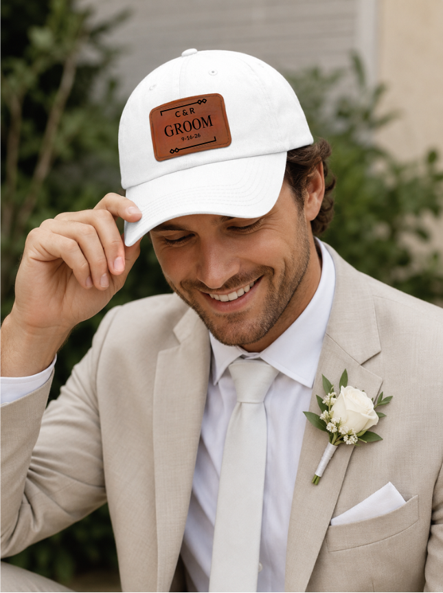 Personalized Dad Hat, Custom Faux Leather Patch Hat, Gift for Groom, Wedding Day Accessory, Unique Headwear for Men, Custom Date