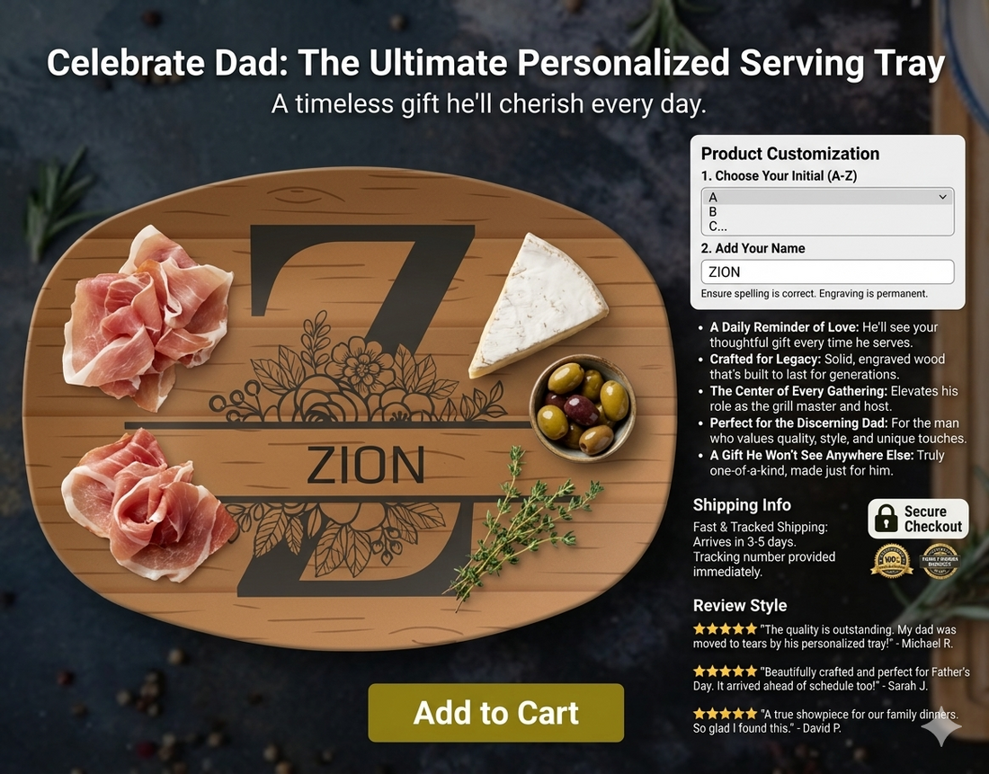 “The Personalized Platter Every Dad Will Use This Father’s Day”, “Add your family name “Customize Your Platter Below”