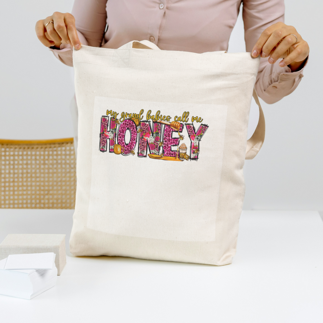 "My Grandbabies Call Me Honey" Canvas Tote Bag