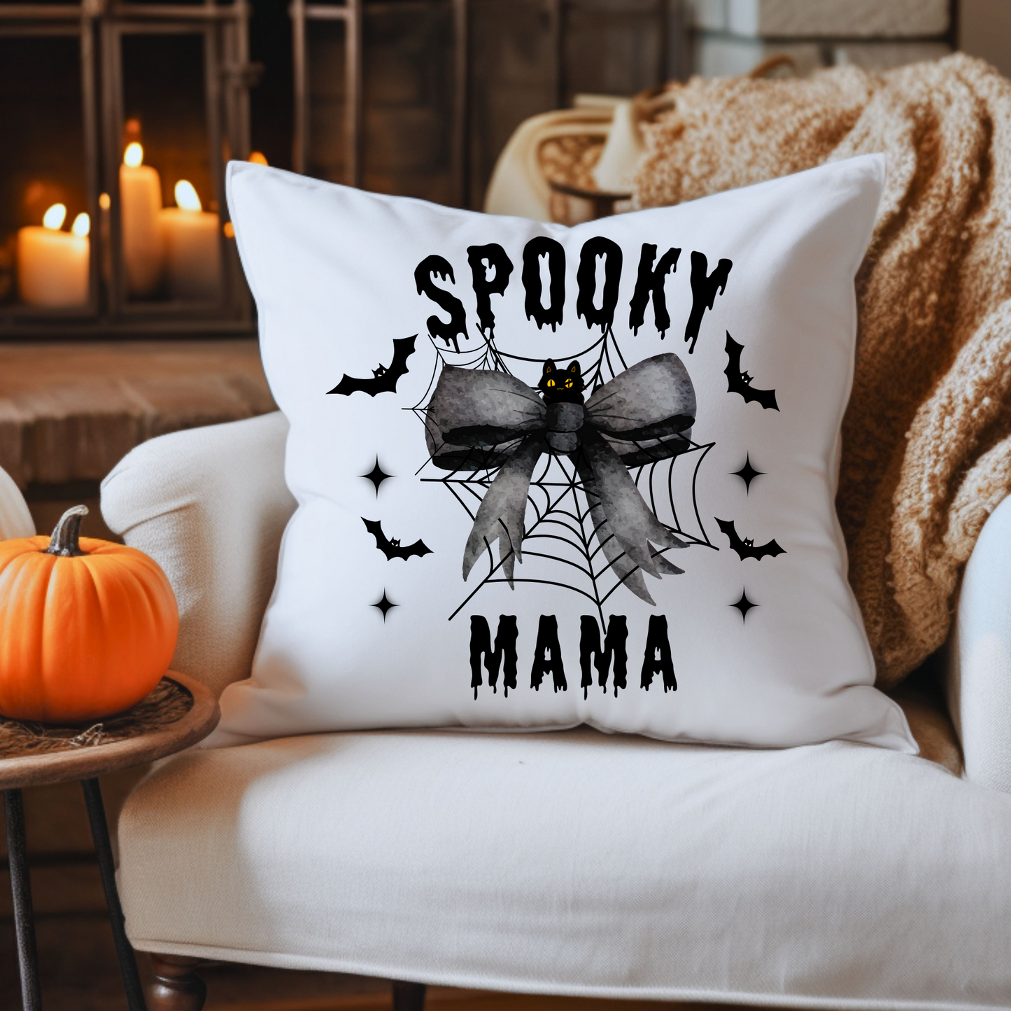 Halloween Decor, Spooky Mama Throw Pillows |Purple Bow| Grey Bow Large Throw Pillow