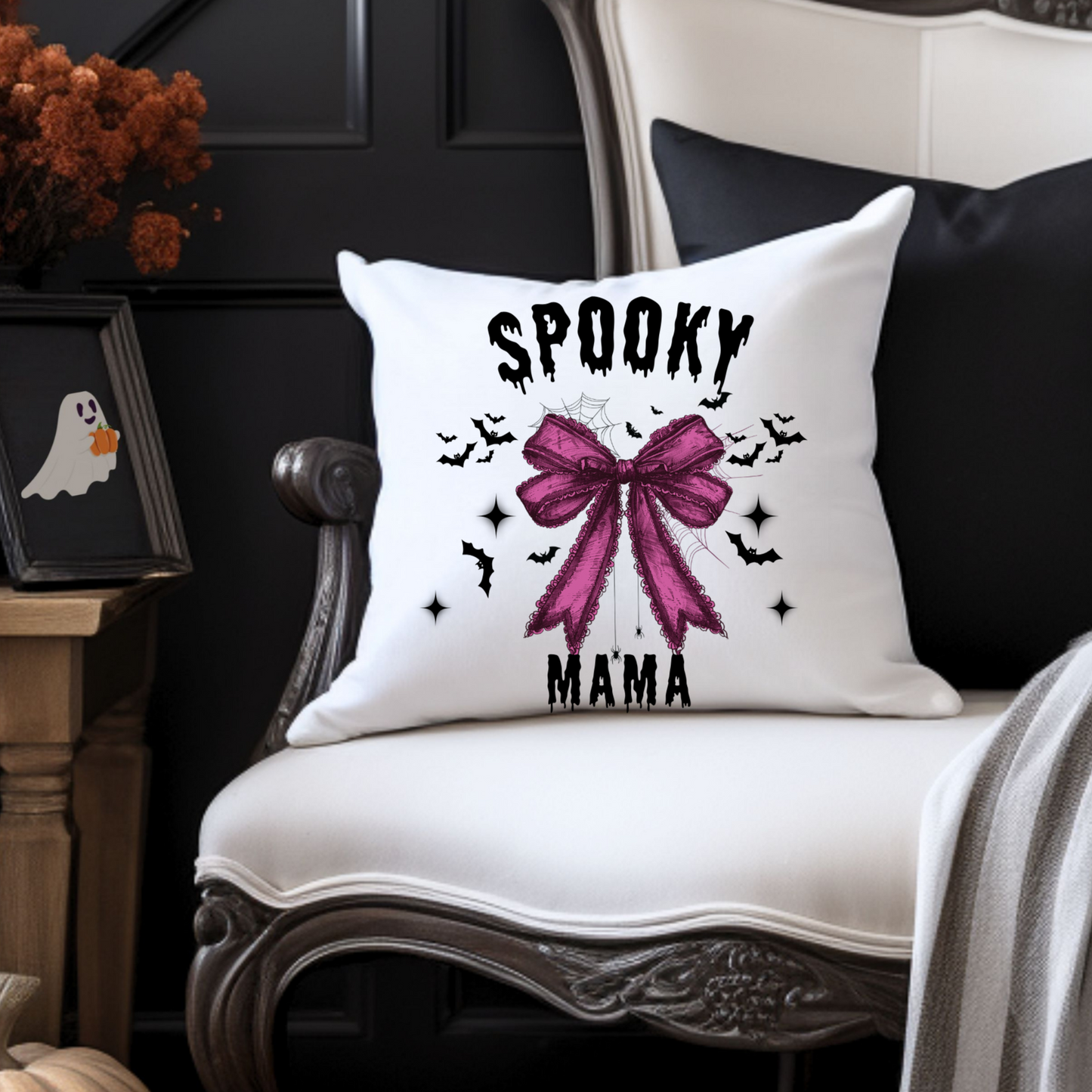 Halloween Decor, Spooky Mama Throw Pillows |Purple Bow| Grey Bow Large Throw Pillow