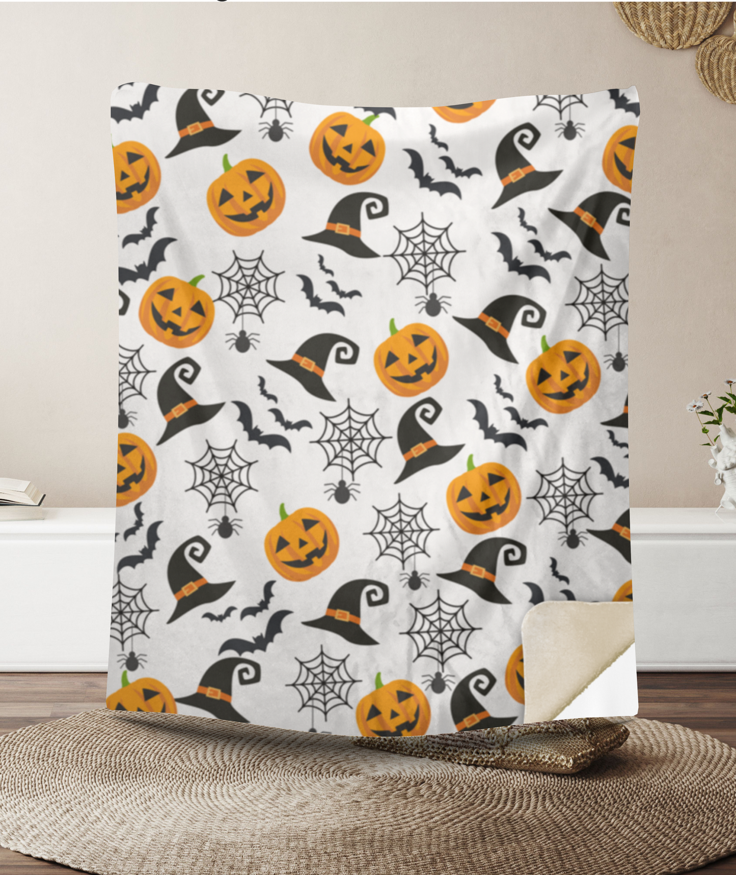 Haunted Halloween Throw Blanket: Spider Webs Witch's Hat Black Bats and Pumpkin Designs