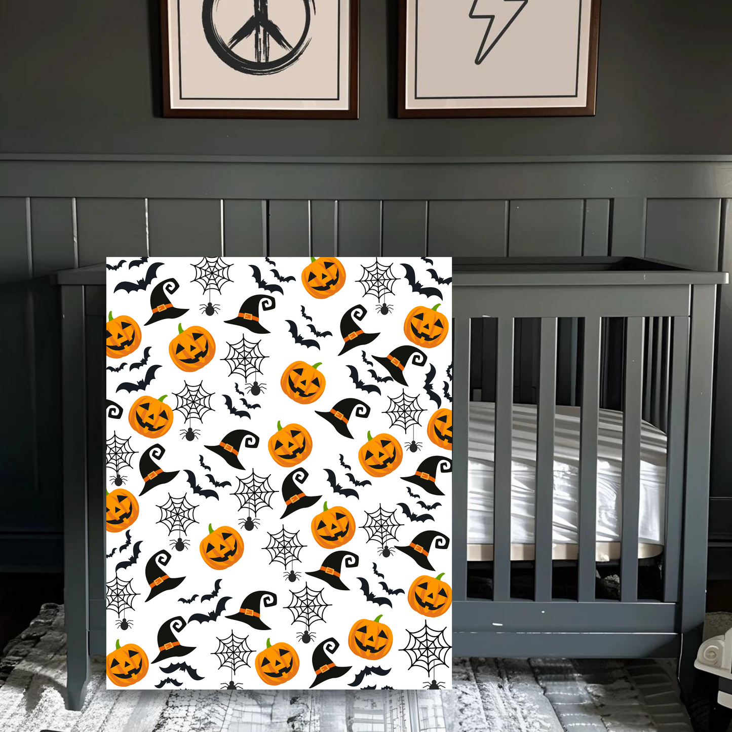 Haunted Halloween Throw Blanket: Spider Webs Witch's Hat Black Bats and Pumpkin Designs