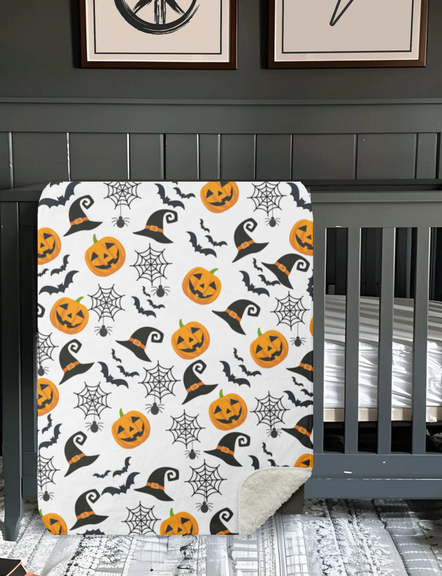 Haunted Halloween Throw Blanket: Spider Webs Witch's Hat Black Bats and Pumpkin Designs