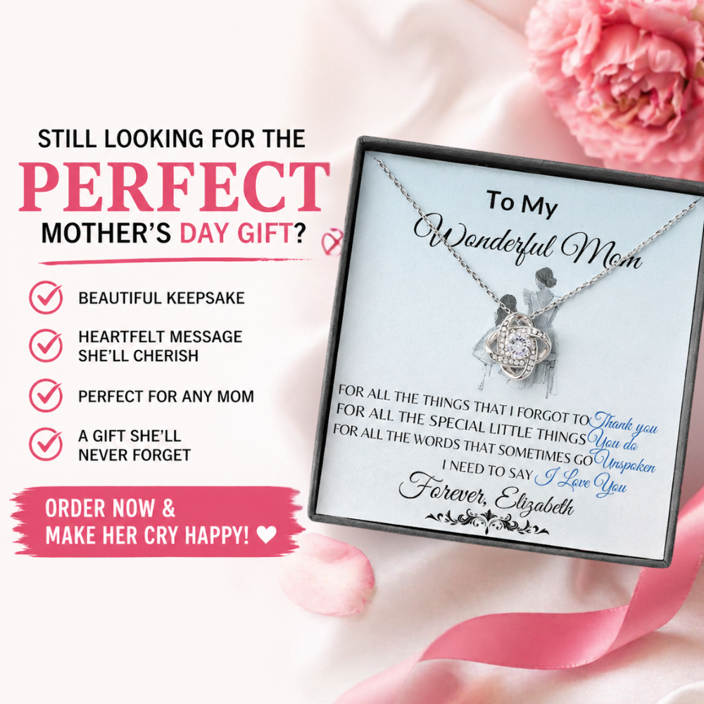To My Wonderful Mom Necklace – Love Knot Message Card Gift | Elegant Crystal Pendant for Mother’s Day, Birthday or Just Because