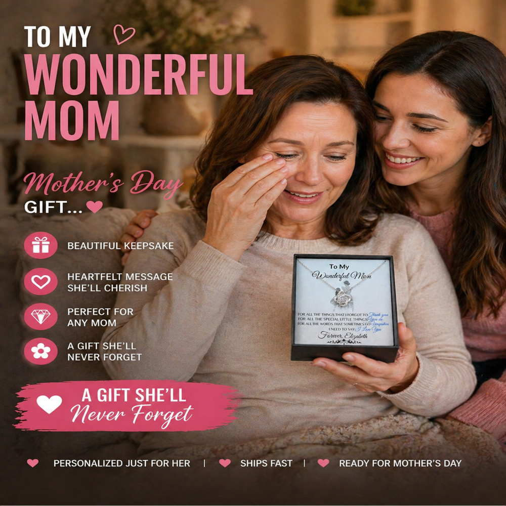 To My Wonderful Mom Necklace – Love Knot Message Card Gift | Elegant Crystal Pendant for Mother’s Day, Birthday or Just Because