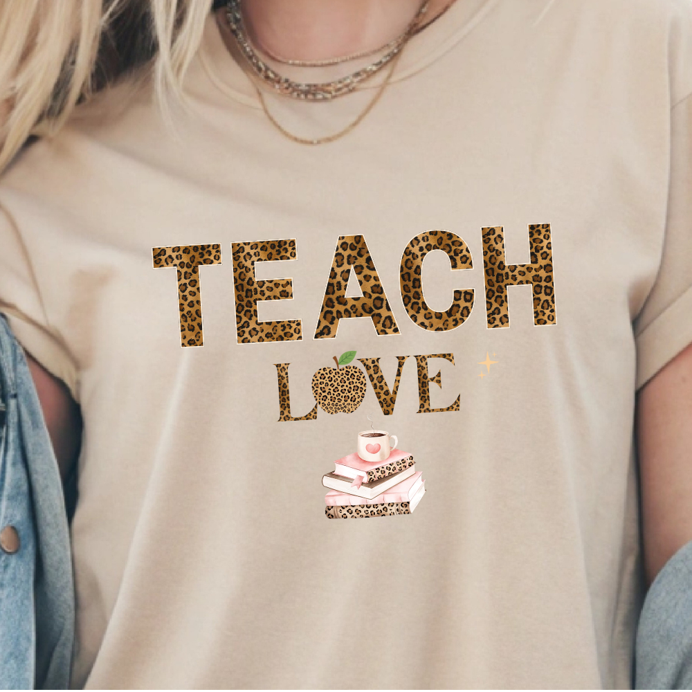 Teach Love Leopard Print Teacher Shirt – Cute Teacher Appreciation T-Shirt, Classroom Gift for Teachers, Back to School Teacher Tee