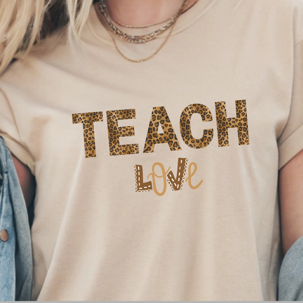 Teach Love Leopard Print Teacher Shirt – Cute Teacher Appreciation T-Shirt, Classroom Gift for Teachers, Back to School Teacher Tee