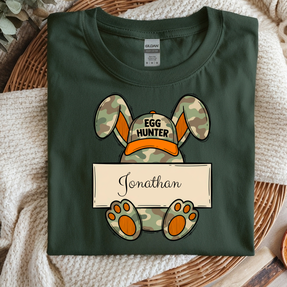 Personalized Easter Kids T-Shirt, Egg Hunter Bunny Shirt, Custom Name Toddler Tee, Easter Gift, Camouflage Bunny Ears