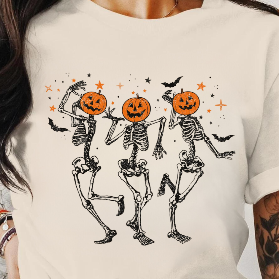 Funny Halloween Pumpkin Head Dancing Skeleton Sweatshirt, Halloween Gift Shirt,  Short Sleeve T-Shirt