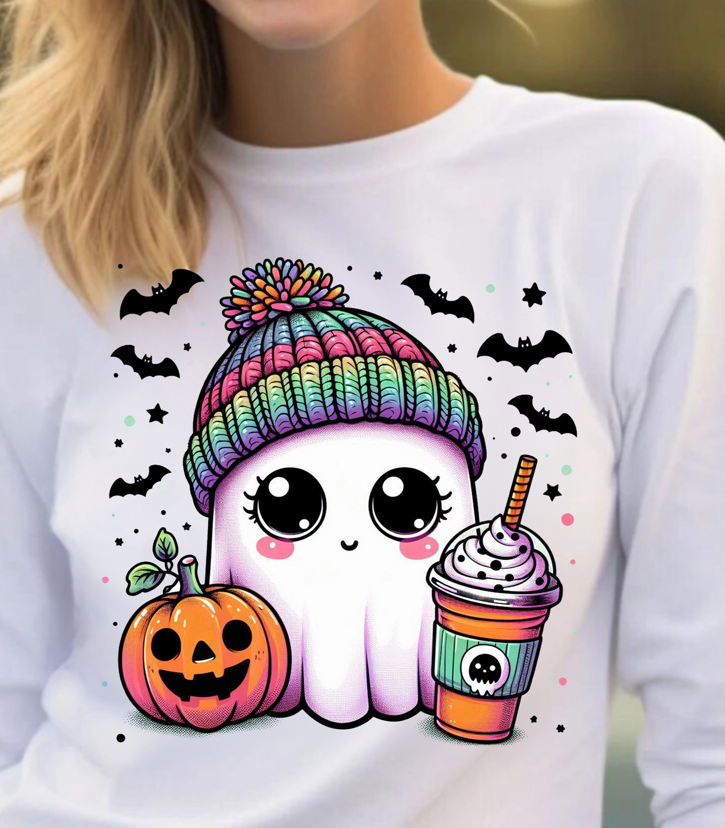 Halloween Ghost, Bats and Pumpkin LS T-Shirt !