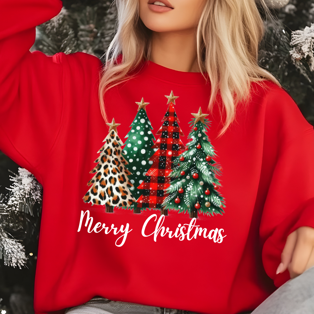 Christmas Tree Trio Sweatshirt – Leopard Print, Buffalo Plaid & Green Holiday Design!