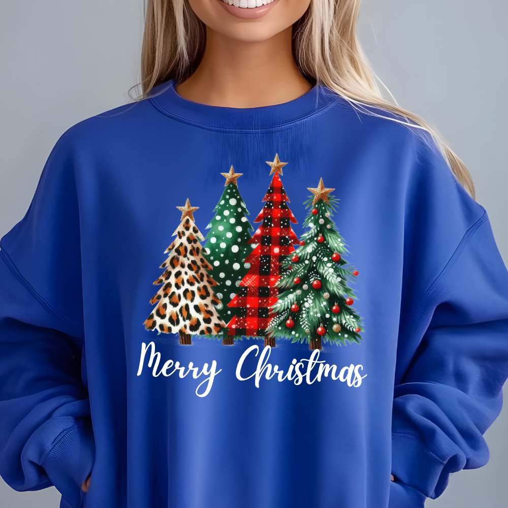 Christmas Tree Trio Sweatshirt – Leopard Print, Buffalo Plaid & Green Holiday Design!