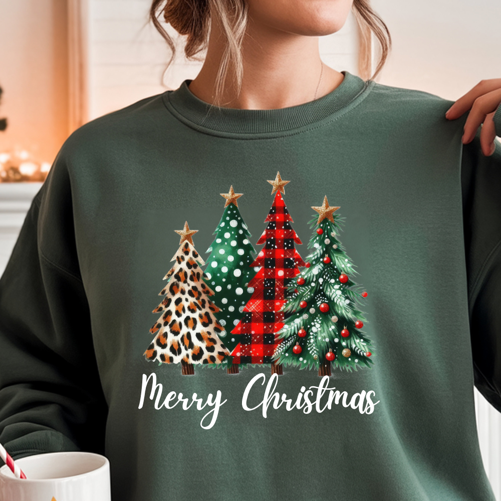 Christmas Tree Trio Sweatshirt – Leopard Print, Buffalo Plaid & Green Holiday Design!