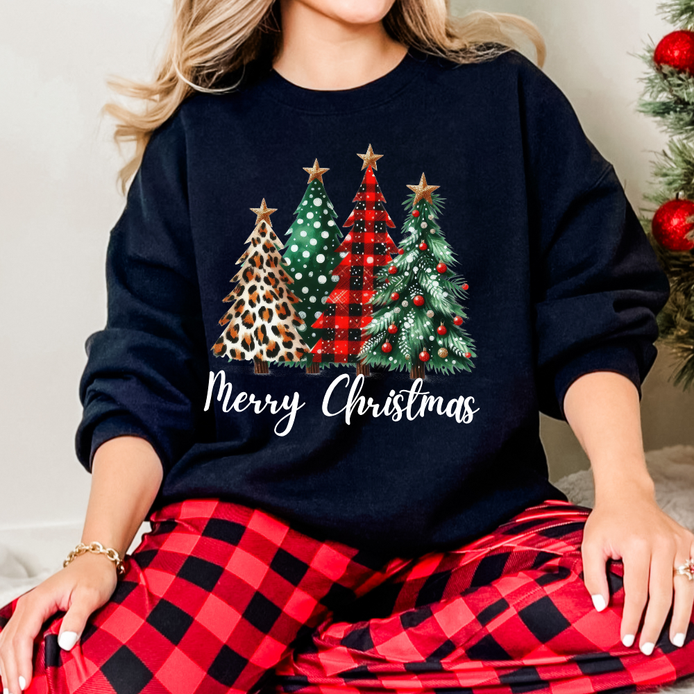 Christmas Tree Trio Sweatshirt – Leopard Print, Buffalo Plaid & Green Holiday Design!