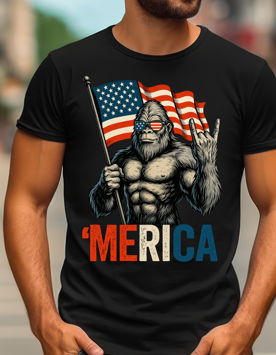Bigfoot Merica Rock American Flag Patriotic 4th Of July T-Shirt