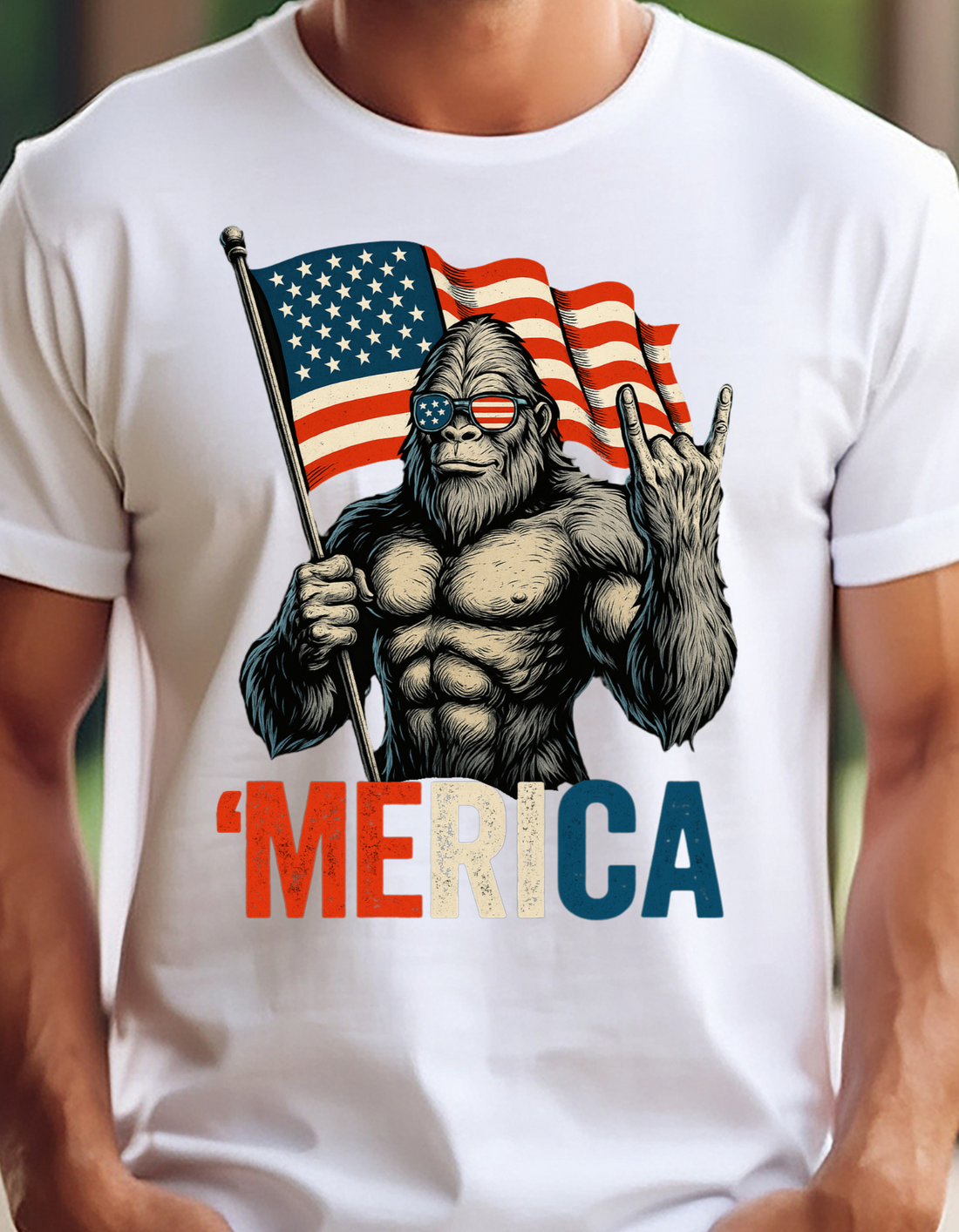 Bigfoot Merica Rock American Flag Patriotic 4th Of July T-Shirt