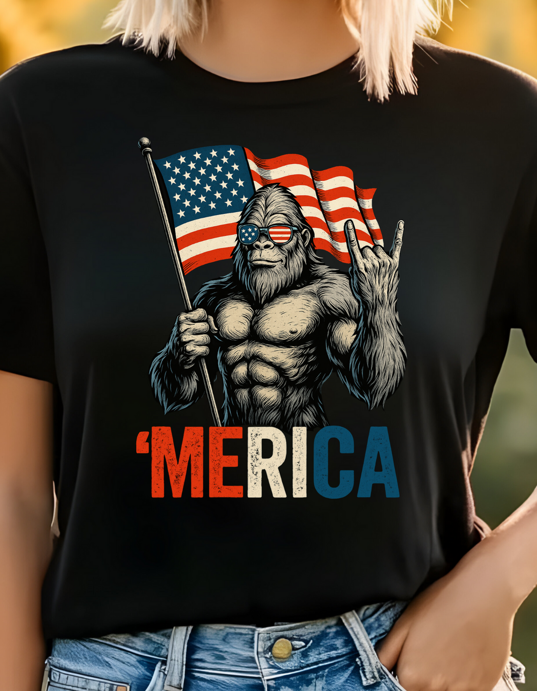 Bigfoot Merica Rock American Flag Patriotic 4th Of July T-Shirt