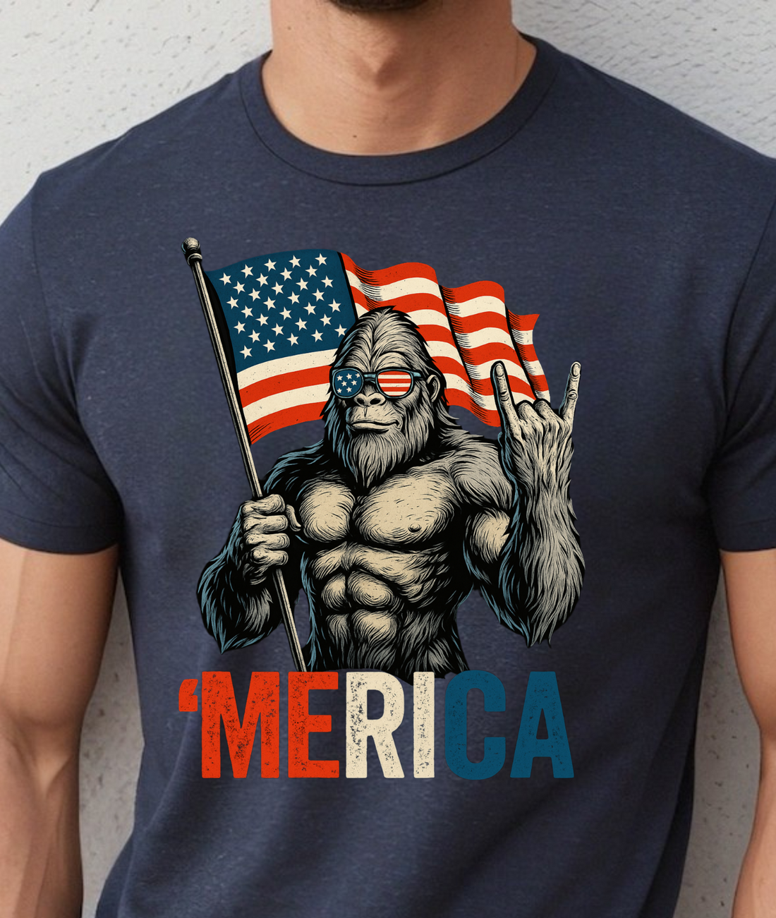 Bigfoot Merica Rock American Flag Patriotic 4th Of July T-Shirt