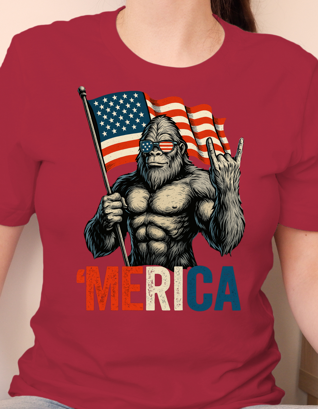 Bigfoot Merica Rock American Flag Patriotic 4th Of July T-Shirt