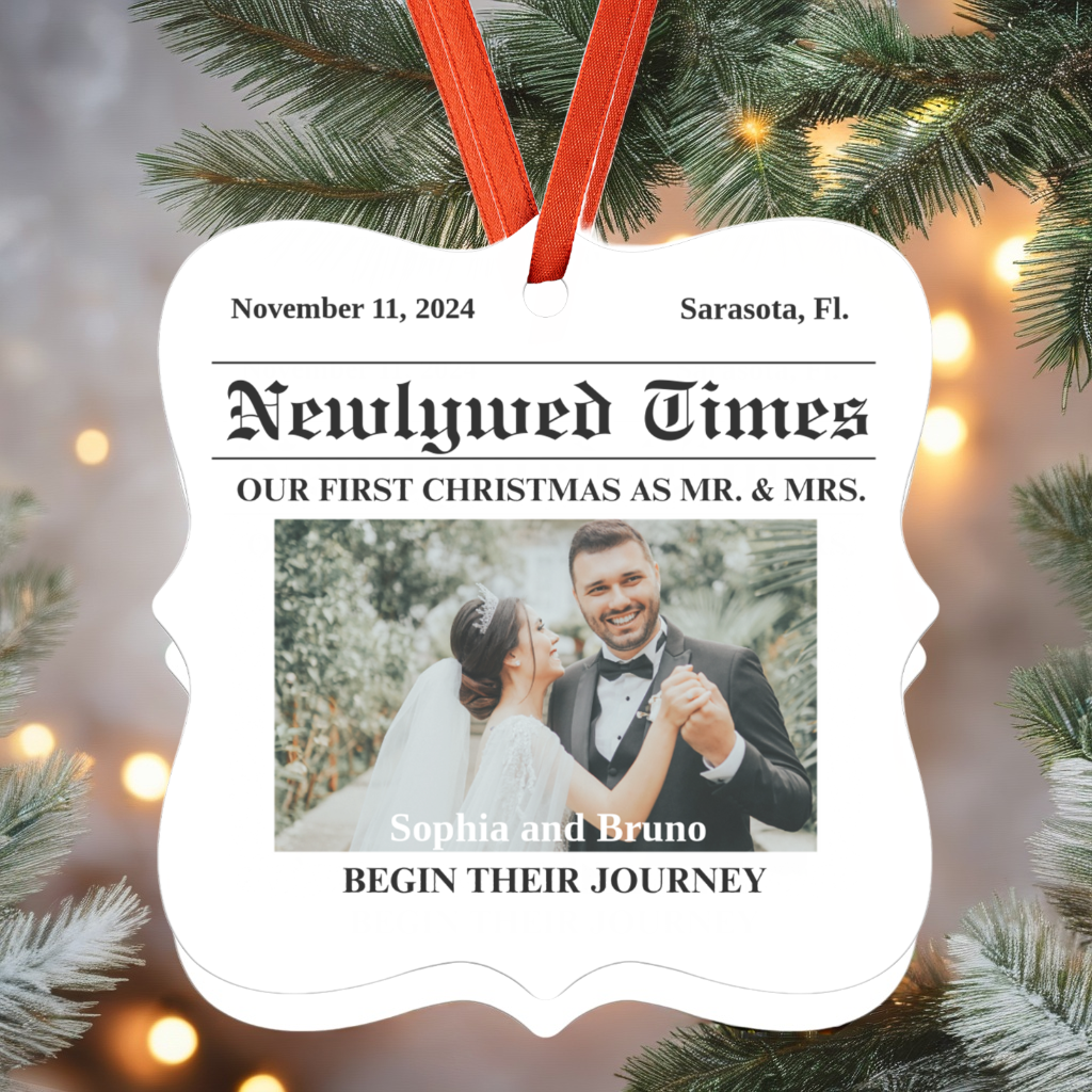 Personalize Mr. & Mrs. "Our First Christmas" Square Ornament