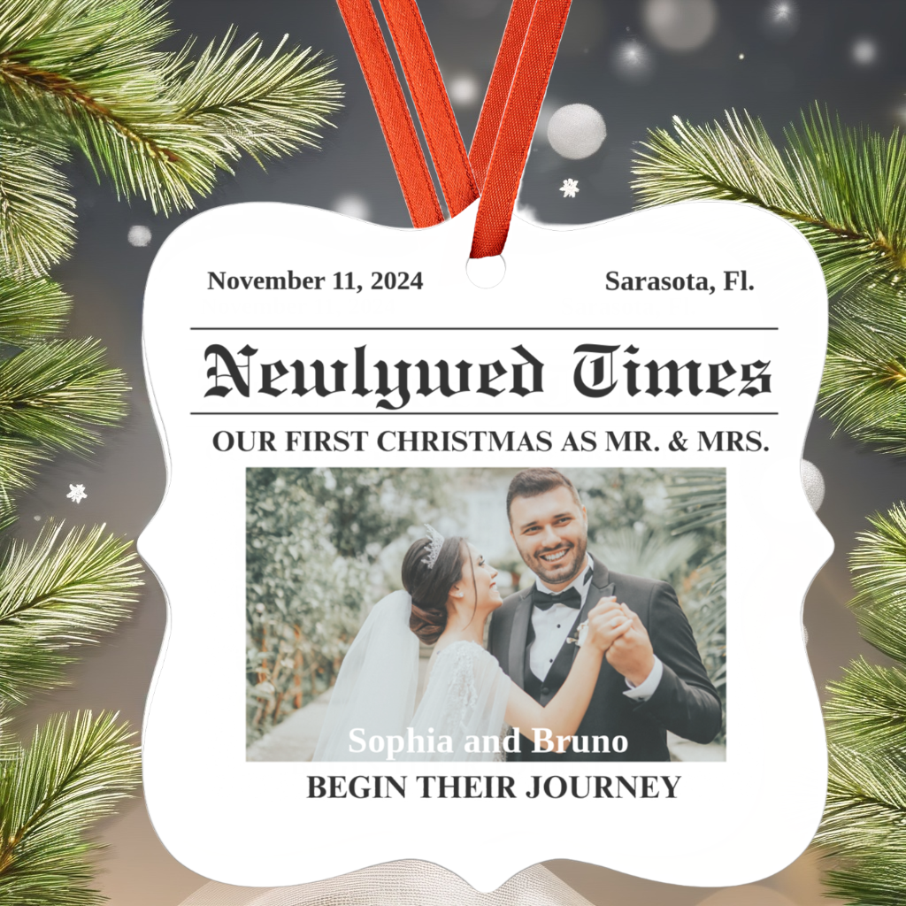 Personalize Mr. & Mrs. "Our First Christmas" Square Ornament