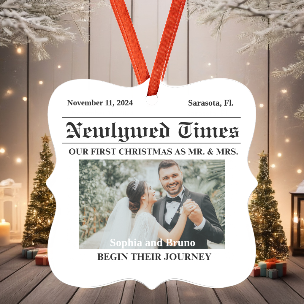 Personalize Mr. & Mrs. "Our First Christmas" Square Ornament