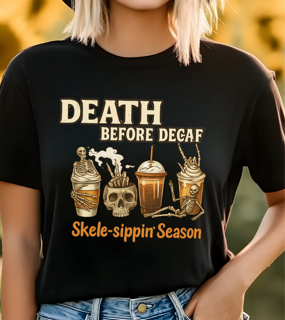 Funny Skeleton Coffee  "Death Before Decaf" T-Shirt