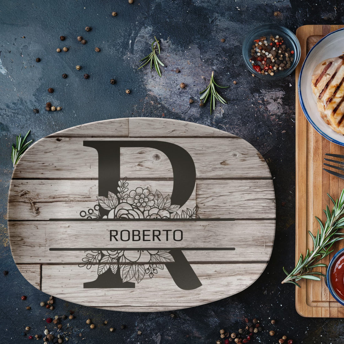 Personalized Father’s Day Platter – Custom Initial & Name Decorative Serving Tray (10x14”) – Wood Look Design Gift for Dad