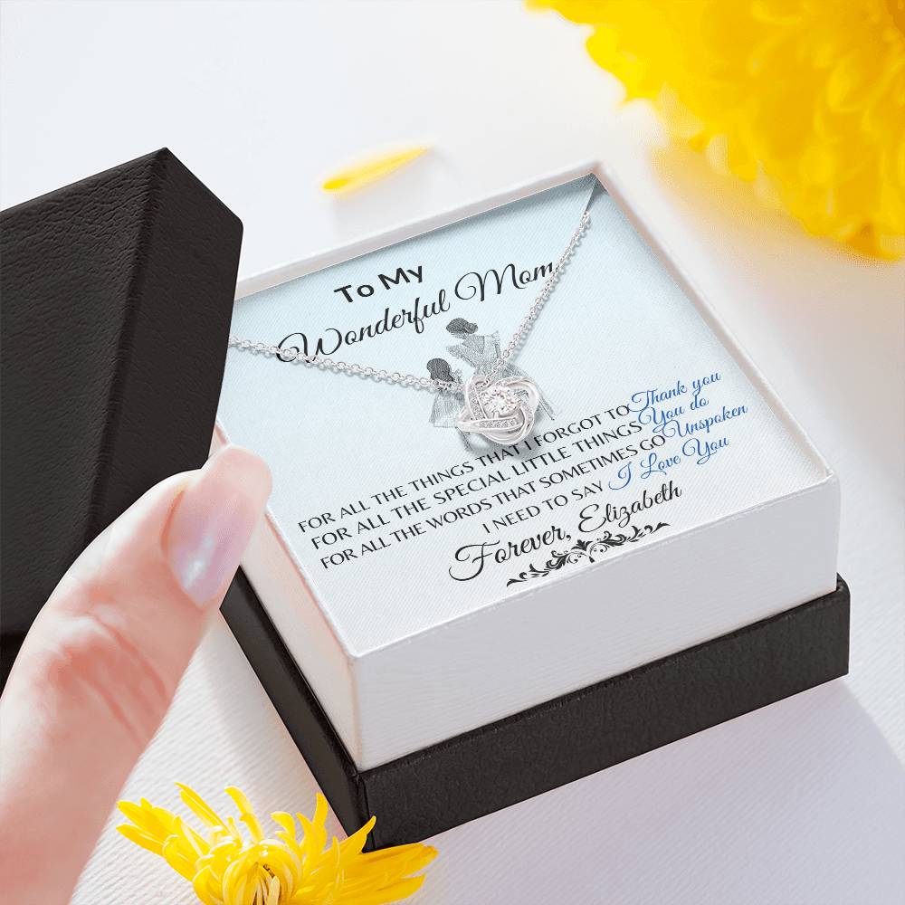 To My Wonderful Mom Necklace – Love Knot Message Card Gift | Elegant Crystal Pendant for Mother’s Day, Birthday or Just Because