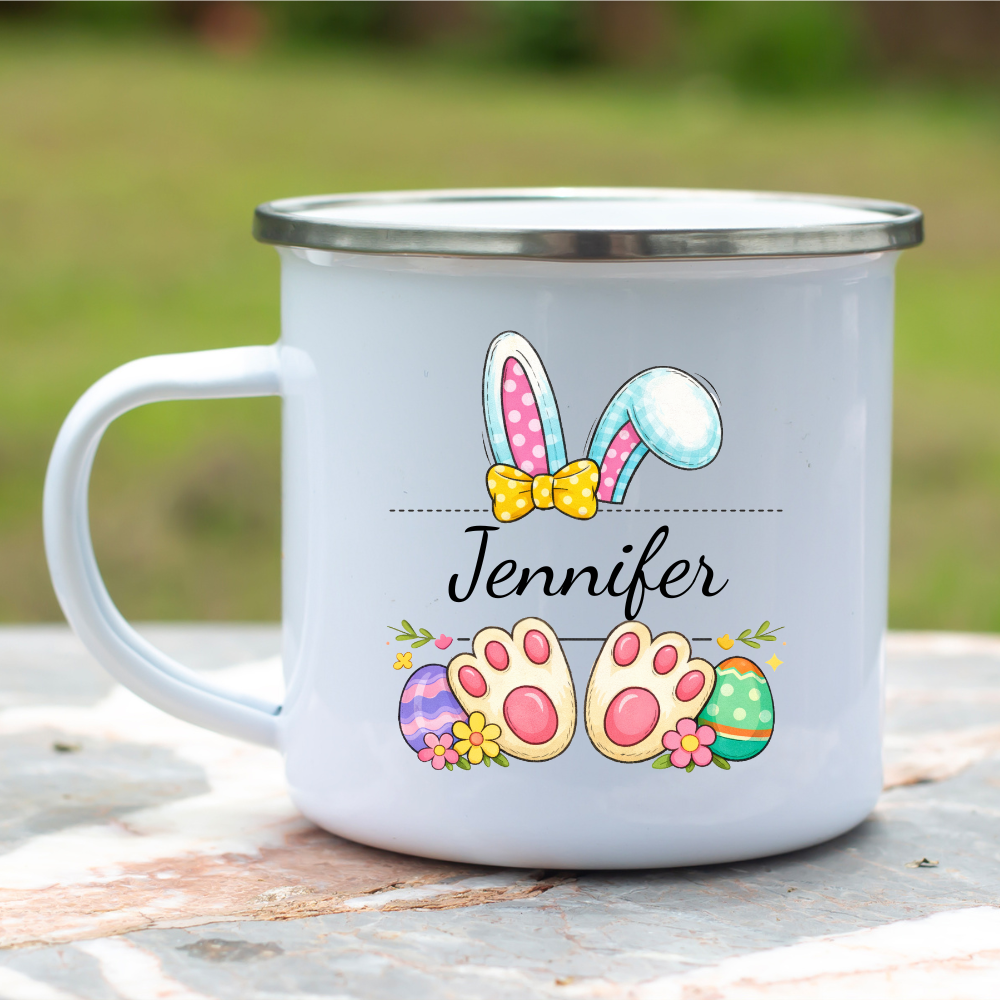 Personalized Easter Mug, Enamel Camp Mug, Custom Name Gift, Cute Easter Gift, Easter Egg Design