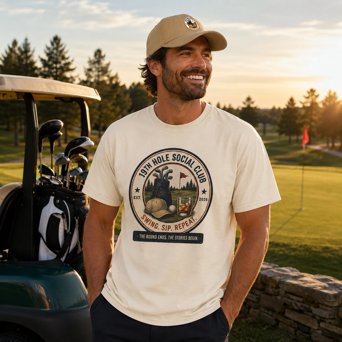 19th Hole Social Club Golf Shirt | Matching Golf Hat | Comfort Colors 1717 Tee | Golf Trip Gift | Golf League Apparel | Swing Sip Repeat