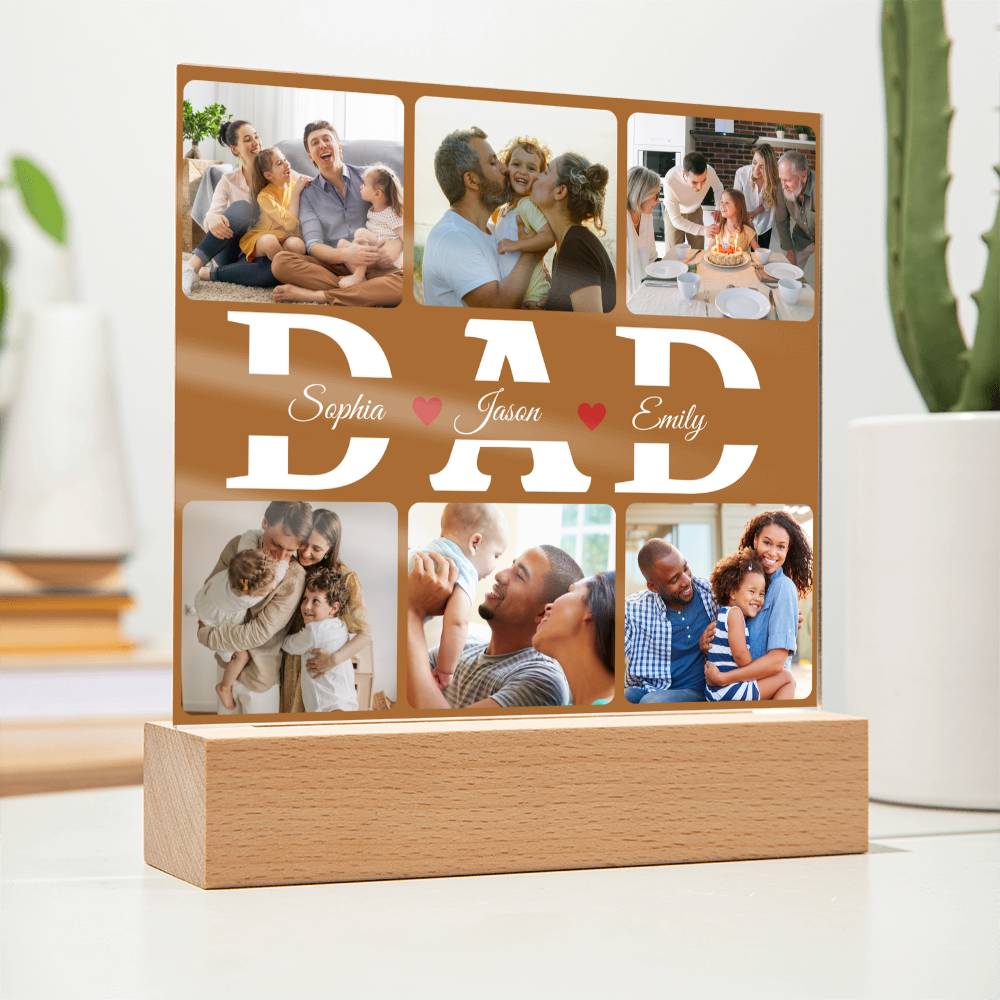 Personalized “DAD” Photo Acrylic Plaque – Custom Family Picture Gift for Dad – LED Night Lite Keepsake from Kids