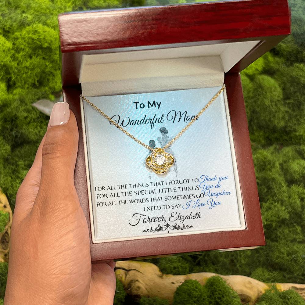 To My Wonderful Mom Necklace – Love Knot Message Card Gift | Elegant Crystal Pendant for Mother’s Day, Birthday or Just Because