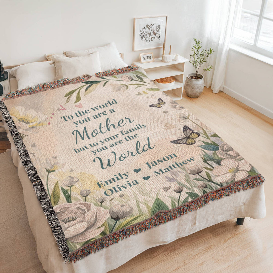 Personalized Mother’s Day Blanket – Custom Mom Gift with Kids Names – “You Are The World” Floral Throw