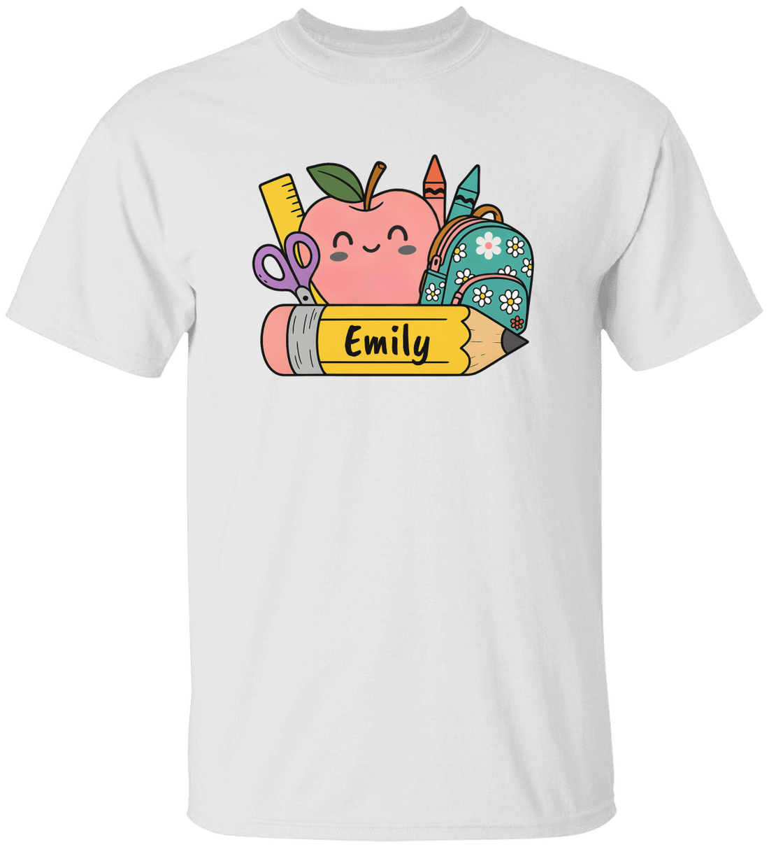 Personalized Kids Cotton Tee with School Supplies Design