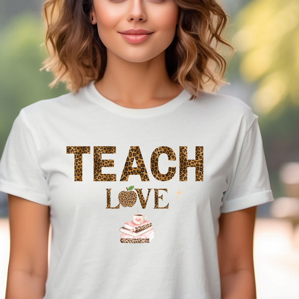 Teach Love Leopard Print Teacher Shirt – Cute Teacher Appreciation T-Shirt, Classroom Gift for Teachers, Back to School Teacher Tee