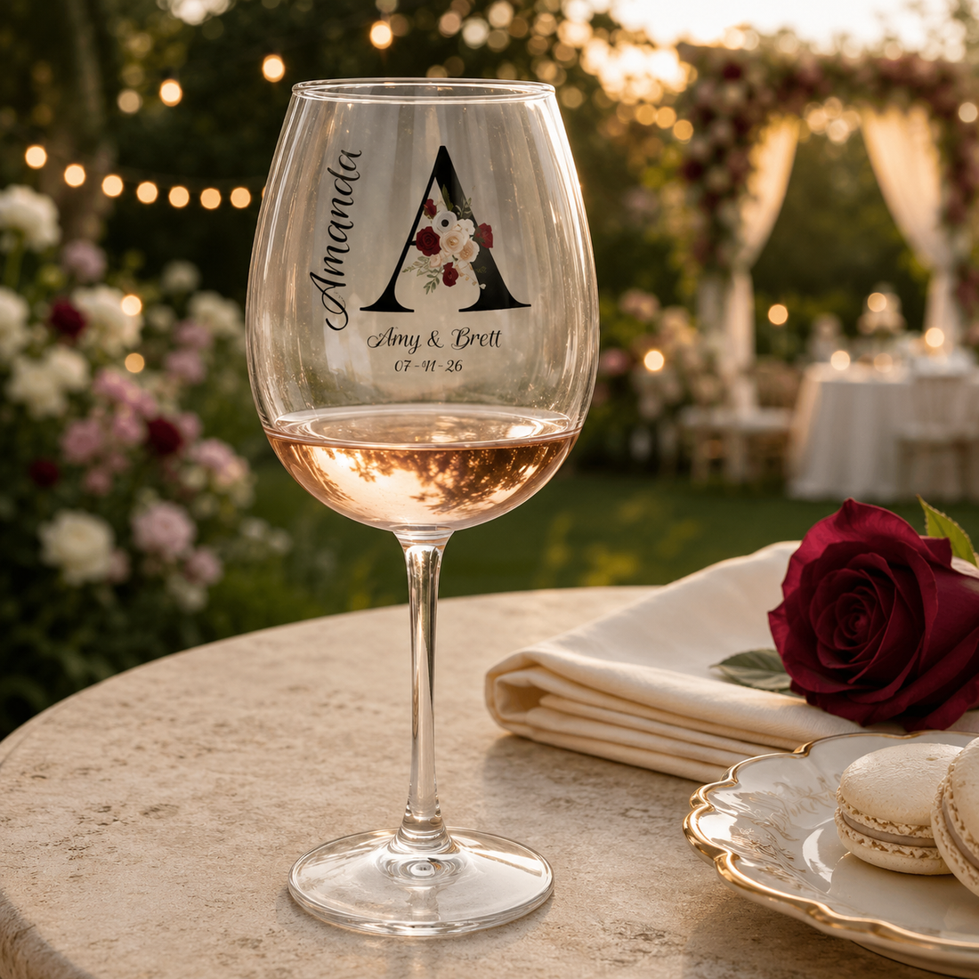 Personalized Wedding Wine Glass – Floral Monogram, Names & Date, Stemmed or Stemless 11.75oz