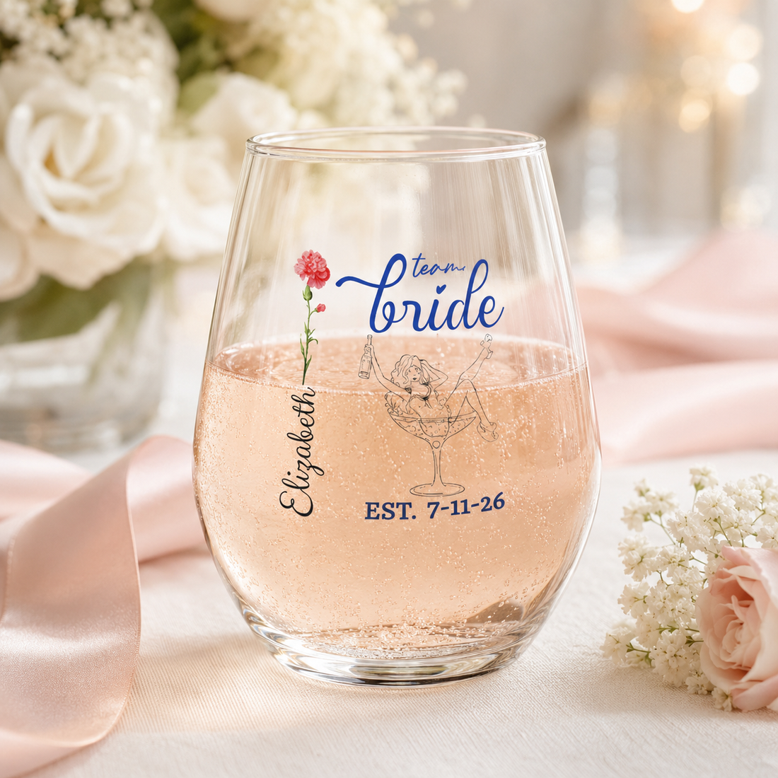 Personalized Birth Flower Team Bride Stemless Wine Glass – Custom Name & Wedding Date Stemless Wine Glass, 11.75oz