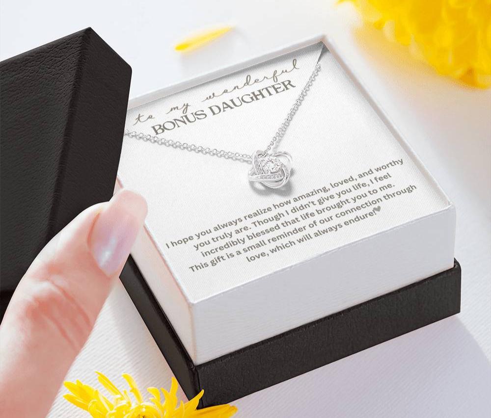 To My Bonus Daughter "Life brought you to me" Love Knot Necklace!