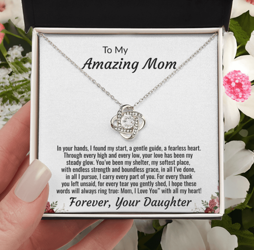 To My Amazing Mom "I Love You with all my Heart" Love Knot Necklace