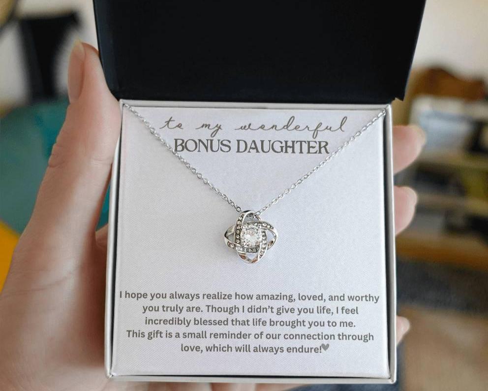 To My Bonus Daughter "Life brought you to me" Love Knot Necklace!