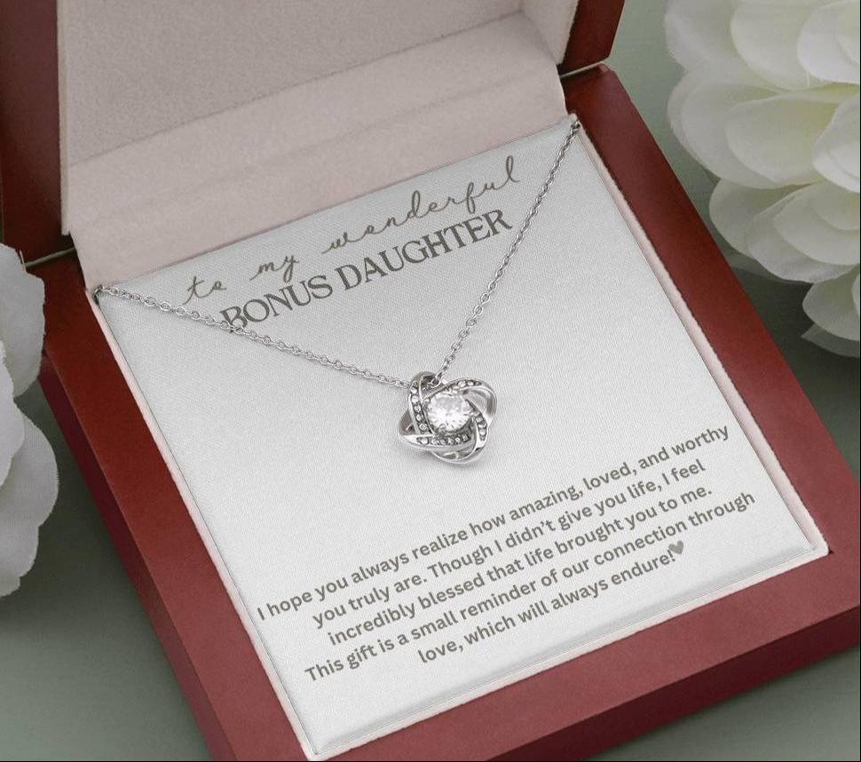 To My Bonus Daughter "Life brought you to me" Love Knot Necklace!